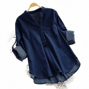 Zanzea 2023 Women's Denim Blue Shirts Fi Autumn Blue Casual Butt V Neck LG Sleeve Tops Jean Tunic Bulus Plus Size L2FR#