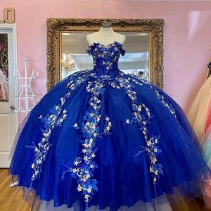 Królewska Niebieska Suknia Ball Sukienki Quinceanera 3d Flowers Girl Sweet 16 Suknie imprezowe z ramion Vestidos de Quincea ERA257J