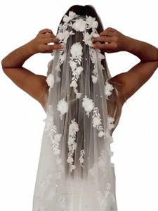 Bridal Veil Ivory White Pearls Petals 3d Floral Wedding Veil LG Floral Veil med Comb Romantic Brodery Cathedral K0fq#