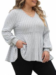 Gibsie Plus Size LG Sleeve Tops for Women Spring秋v Neck Peplum Teeシャツ女性カジュアルリブ付きニットTシャツ服2023 W8cm＃