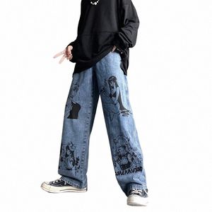 2021 Japan Carto Anime Mädchen Graffiti Harajuku Männer Baggy Jeans Hosen Y2K Gerade Frauen Breite Vintage Denim Hosen Übergröße g02a #