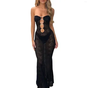 Vestidos Casuais Mulheres Backless Sheer Lace Floral Vestido Verão Sexy Open Back Longo Cocktail Sem Mangas Strapless Slim Preto