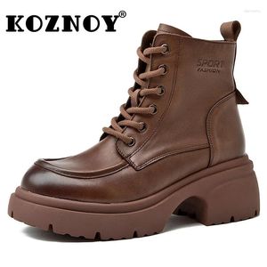 Boots Koznoy 6cm Ankle Autumn Platform Wedge Spring Booties Genuine Leather Round Toe Moccasins Ethnic Comfy Flats Shoes Women