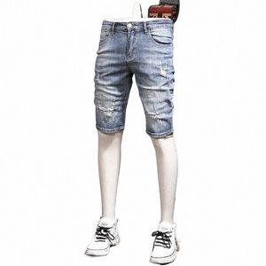 short Jeans Men Streetwear Ripped Denim Shorts Summer Fi Casual Light Blue Stretch Slim Fit Pants J4bG#