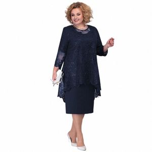navy Blue Mother of the Bride Dres 2023 Lg Sleeves Lace Wedding Party Gowns 2 Pieces O-Neck Elegant Dr For Women 07wq#