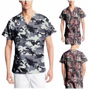 men Nursing Work Uniform Solid Short Sleeve V-neck Tops T-shirts With Pockets Casual Blouse Beautican Doctor Workwear Scrubs Top a3Jw#