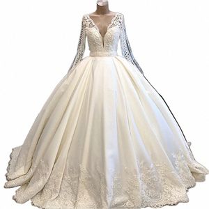 Liyuke Real Photos Line Wedding dr Ivory Satin Skirt Full Sleeve Bling Bling Plearls Bridal Dr G1NH＃