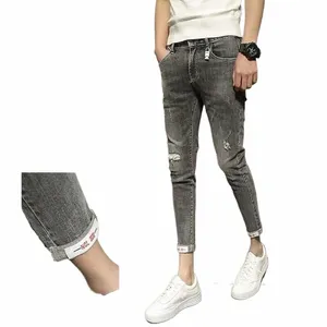 2023 Spring Trendy Men Fi Slim Fit Jeans Hole Punching Nine-point Pants Casual Cott Material Loose Style r9Q3#