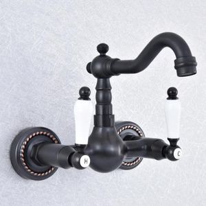 Kitchen Faucets Black Oil Rubbed Bronze Brass Wall Mounted Dual Ceramic Handles Bathroom Vessel Sink Faucet Mixer Taps Asf716