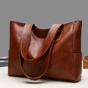 Casual Pu Leather Large Capacity Tygväskor för kvinnor Fashion Solid Color Zipper Female Shoulder Bag Ladies Handbag 240326