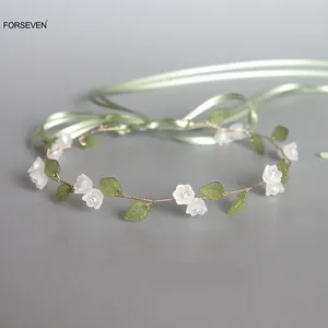 Fermagli per capelli Sposa Fascia per capelli Fiore bianco Foglia verde Disegni Donne Ragazze Accessori per feste Fasce per capelli da sposa stile Boho Gioielli