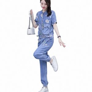 2023 neue Denim Anzug Frauen Sommer Cowboy 2 Stück Set Koreanische Fi Büro Denim Outfit Weibliche Casual Jeans Zwei-stück Damen s9hG #