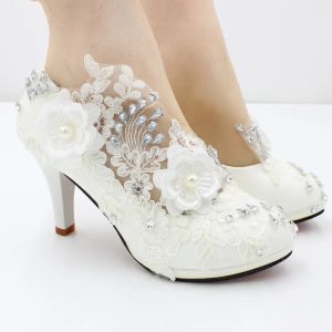 Boots 2022 New Lace Highheel Bridal Shoes Threedimensional Flower Decoration Women's Shoes Large Size White Wedding Shoes Bh2206