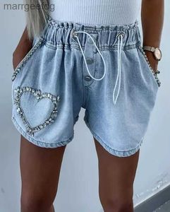 Shorts femininos y2k 2023 verão nova moda casual carga temperamento viajando strass coração padrão cordão tendência denim 240329