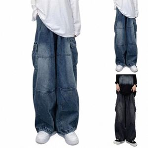 Populära män baggy jeans blixtlås fluga höst avslappnad fit mitt midja denim byxor vintage baggy last jeans för vacati v8xc#