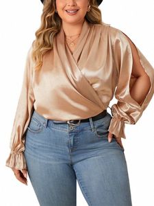 gibsie plus size solid wrap v hals satin topp 2023 höst kvinnors fi party lg hylsa slits elegant kontorsarbete skjorta blus q2oe#