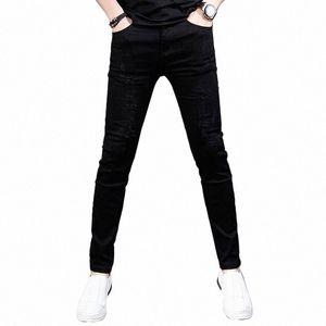 summer Black Ripped Jeans Men Streetwear Stretch Slim Fit Pencil Pants Korean Style Casual Cott Lightweight Denim Trousers q4Jd#