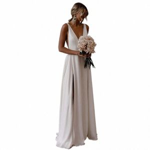 Sol Semplice profondo scollo a V senza spalline spacco laterale Chiff Wedding Dres elegante Backl A-Line abiti da sposa Abiti da sposa l9Rj #