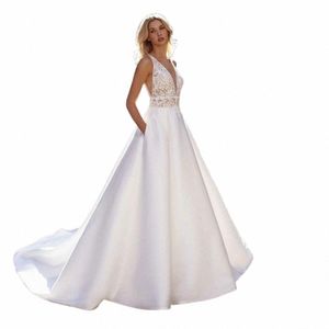 Sodigne White/Ivory A Line Wedding Dr Robe de Mariee Deep V Neck Applique Wedding Dres dla panny młodej z kieszeniami Elegancki x5au#