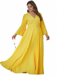 Europäische und amerikanische grenzüberschreitende neue Plissee Dr Lg-Ärmel V-Ausschnitt Plus Size Dr Solid Color Lg Damenbekleidung v3AF #