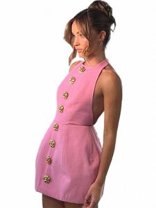 Sexy Mulheres Sólidos Rosa Halter Hallow Out Backl Mini Dr Elegante Lady Sleevel Slim Gold Butt Dres Lady Party Vestidos f0gR #