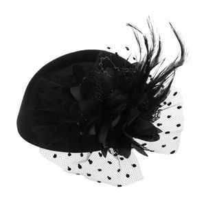 Women Fascinator Hat 20s 50s Vintage Solid Color Pillbox fr Feather Mesh Veil Wedding Tea Party Headwear C5CU#