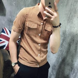 Summer Mens Shortsleeved Shirt Personalized Style Panel Pocket Slimming Stripe Print Korean POLO Collar Single Breasted Top 240328