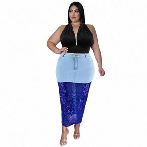 Kexu cekinowa patchwork zamek błyskawiczny Fly High talia chuda letnia dżinsowa spódnica 2024 Plus Size Women Streetwear Fi Maxi Jean spódnice 43df#