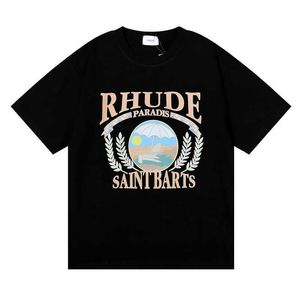 Rhude Sunset Beach Courfition Pattern Printing高品質のダブルヤーンコットンカジュアルルーズ緩んだ短袖Tシャツ男性と女性向け