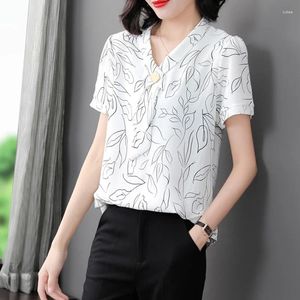 Women's Blouses Summer V-Neck Short Sleeve Plus Size Loose Thin Korean Shirt Printed Button Fashion Casual Commute All-match Tops