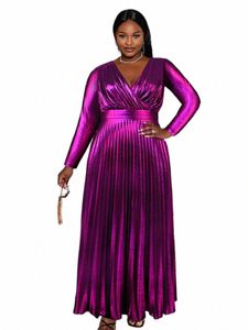 plus Size Lg Sleeve Dr Metallic Deep V Neck Empire Pleated Evening Cocktail Event Ocn Prom A Line Gowns for Women 4XL j159#