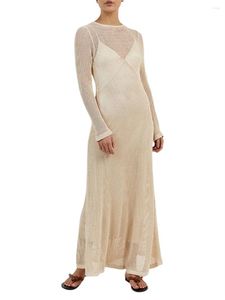 Abiti casual Donna Sexy Beach See Through Maxi Dress Manica lunga Hollow Crochet Knit Summer Coverups Bodycon Party