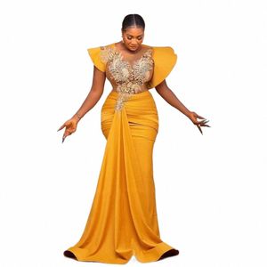 aso Ebi Mermaid Prom Dres For African Women Sheer Neck Cap Sleeves Appliques Beads Pleat Party Evening Dr With Side Train L123#