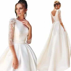 half Sleeves Satin Wedding Dres 2021 Beading O-Neck Elegant Vestido De Noiva Sweep Fi Appliques Bridal Gowns Lace-up 33JO#