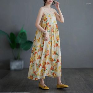 Vestidos casuais feriado ao ar livre estilo de viagem praia cinta vestido para mulheres verão algodão impressão floral vintage vestidos longos robe