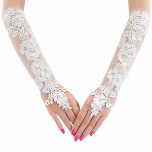Elegant söt broderi Floral spetsfingerl lg handskar ren mesh bröllop brud prom mittens, för kvinnor/flickor bröllopsfest g3le#