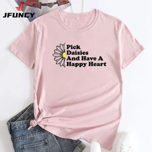 jfuncy 여자 여름 Tshirt 짧은 슬리브 T 셔츠 패션 그래픽 탑 여성면 의류 여자 티 240329