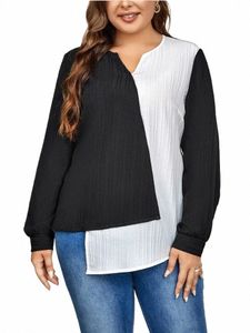 Plus Size Lg Sleeve Color Block Frauen Top Shirts Ausschnitt V-Ausschnitt Gestreifte Blusen Weibliche Unregelmäßige T-Stück Sprinf Herbst Tuch 52r6 #