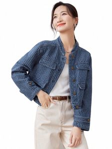 sentubila Denim Jacket Women 2023 Autumn New Fi Stand Collar Crop Jacquard Jean Jackets Lg Sleeve Outerwear Top W33W50575 A9Tp#