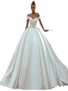 sexy White Wedding Dres Off Shoulder Sweep Train Bride Dr Lace Up Back Satin Wedding Evening Gowns Plus Size s4pJ#