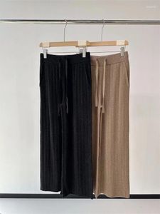 Calças femininas pura cashmere cintura alta cordão malhas usar casual perna reta larga