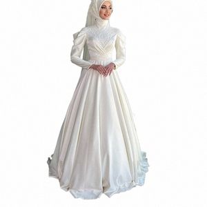 Elegante abito da sposa musulmano in raso Dr 2024 Delicate applicazioni in pizzo Abito da sposa Classico collo alto Manica Lg Abito da sposa b8fv #
