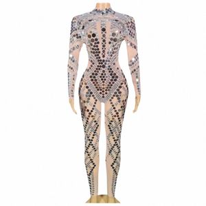 mirror Luxury Women Sparkly Jumpsuits Party Birthday Clun Bar Stage Wear Stretch Sheer Drag Costume W2jG#