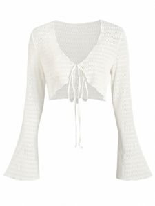 女性のセクシーなタイアップオープンFRT LGスリーブシアーメッシュトップCardigan Shirt G8JQ＃を介してシー