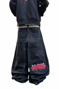 Streetwear 15:00 Wexwear vintage broderi baggy jeans harajuku punk hip hop höga midja jeans last byxor kvinnor breda ben byxor a1cd#