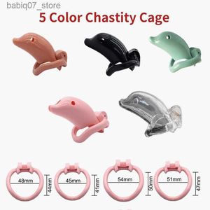 Other Massage Items Cute dolphin male chastity device rooster cage with 4 size rings brass lock rooster cage sex toy Q240329