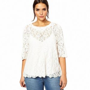 Plus Size Elegante Fi Lace Blusa Mulheres Sólidos Branco Quarters Manga Bunda Voltar Primavera Escritório Casual Top T-shirt 6XL 7XL 8XL d4oI #