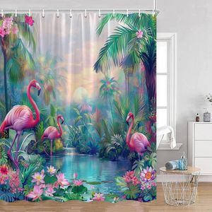 Cortinas de chuveiro cortina de cortina flamingo Trees Lake Lotus Flowers Tropical Jungle Plant Bath Bath Fabric Decor com ganchos