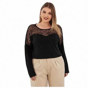 plus Size Elegant Fi Blouse Women Lace Patchwork Lg Sleeve Drop Shoulder Spring Formal Work Office Top T-shirt Female 6XL C7FK#