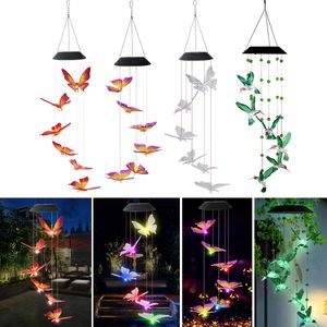 LED Mudança de cor de vento solar CHIME DE VENTO LIMPO Impermeável ao ar livre Windchime Butterfly Solar Lâmpada Solar para decoração de jardim